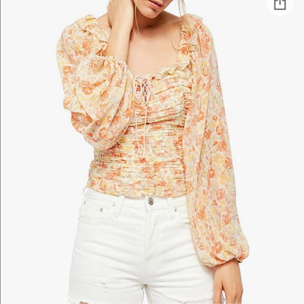 Free People Floral Blouse - Orange and Cream